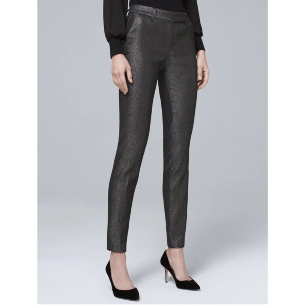 WHBM Dress Pants 2 Black Silver Stretch Flat Front Slim Ankle NEW